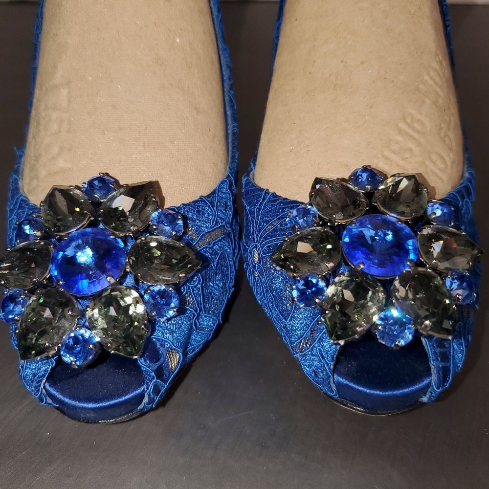 DOLCE & GABBANA Taormina Lace Crystals Blue Peep Toe Pump Heel Twee 39.5 - Picture 5 of 15
